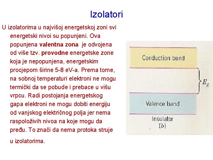 Izolatori U izolatorima u najvišoj energetskoj zoni svi energetski nivoi su popunjeni. Ova popunjena