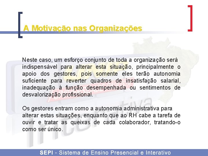 A Motivação nas Organizações Neste caso, um esforço conjunto de toda a organização será