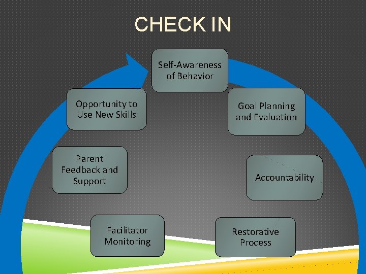 CHECK IN Self-Awareness of Behavior Opportunity to Use New Skills Parent Feedback and Support