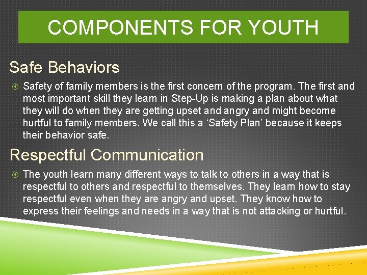 COMPONENTS FOR YOUTH Safe Behaviors Safety of family members is the first concern of