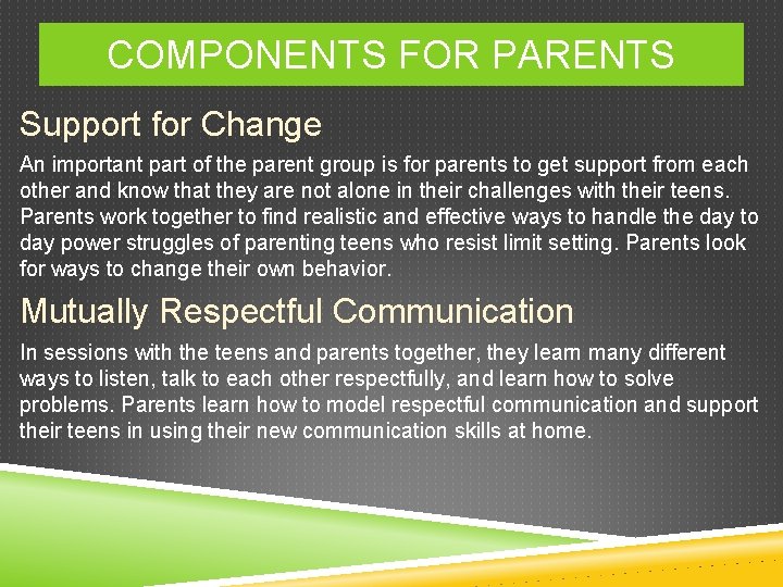 COMPONENTS FOR PARENTS Support for Change An important part of the parent group is