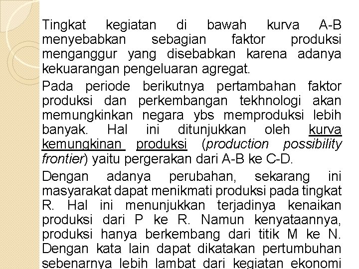 Tingkat kegiatan di bawah kurva A-B menyebabkan sebagian faktor produksi menganggur yang disebabkan karena
