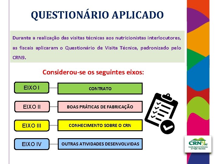 QUESTIONÁRIO APLICADO Durante a realização das visitas técnicas aos nutricionistas interlocutores, as fiscais aplicaram