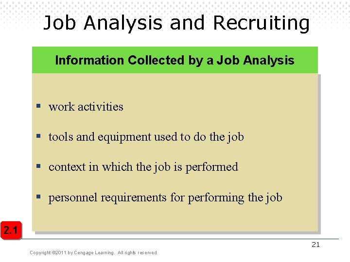 Job Analysis and Recruiting Information Collected by a Job Analysis § work activities § Job Analysis and Recruiting Information Collected by a Job Analysis § work activities §