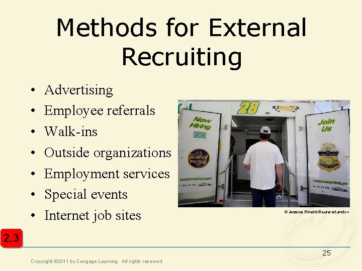 Methods for External Recruiting • • Advertising Employee referrals Walk-ins Outside organizations Employment services Methods for External Recruiting • • Advertising Employee referrals Walk-ins Outside organizations Employment services