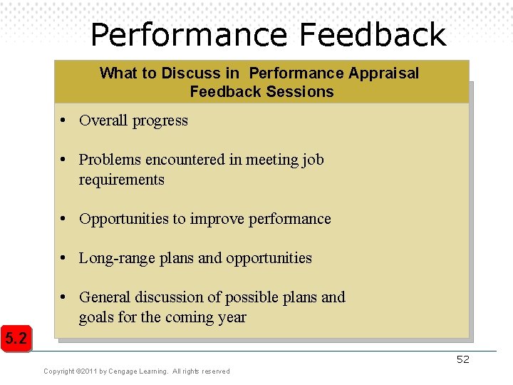 Performance Feedback What to Discuss in Performance Appraisal Feedback Sessions • Overall progress • Performance Feedback What to Discuss in Performance Appraisal Feedback Sessions • Overall progress •