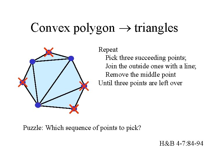 Convex polygon triangles Repeat Pick three succeeding points; Join the outside ones with a