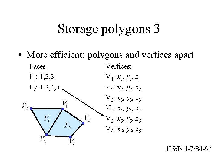 Storage polygons 3 • More efficient: polygons and vertices apart Faces: F 1: 1,