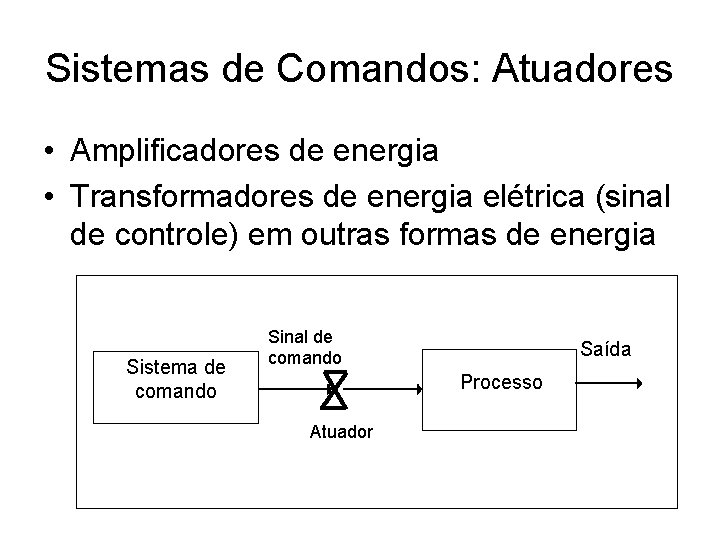Sistemas de Comandos: Atuadores • Amplificadores de energia • Transformadores de energia elétrica (sinal
