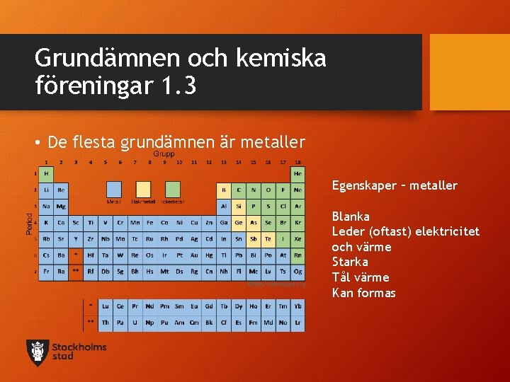 Grundämnen och kemiska föreningar 1. 3 • De flesta grundämnen är metaller Egenskaper –