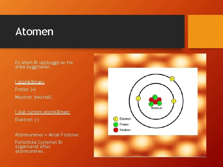 Atomen En atom är uppbyggd av tre olika byggstenar. I atomkärnan: Proton (+) Neutron