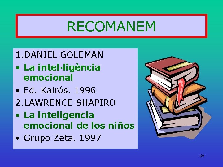 RECOMANEM 1. DANIEL GOLEMAN • La intel·ligència emocional • Ed. Kairós. 1996 2. LAWRENCE