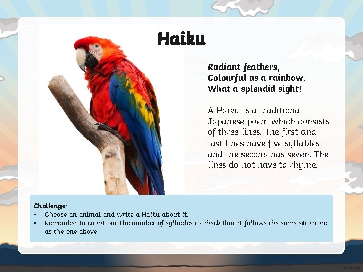 Haiku Radiant feathers, Colourful as a rainbow. What a splendid sight! A Haiku is