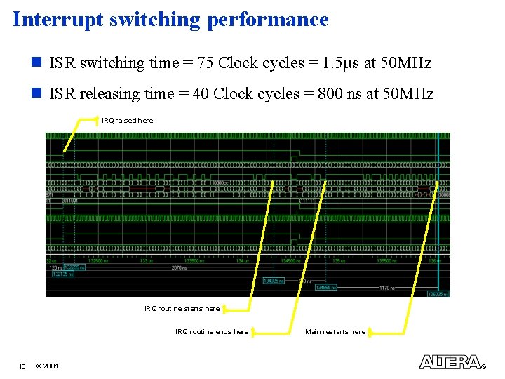 Interrupt switching performance n ISR switching time = 75 Clock cycles = 1. 5µs