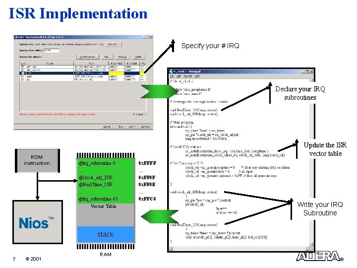 ISR Implementation Specify your # IRQ Declare your IRQ subroutines ROM instruction Update the