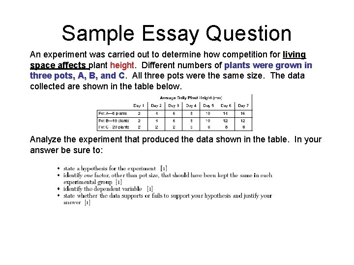 Sample Essay Question An experiment was carried out to determine how competition for living