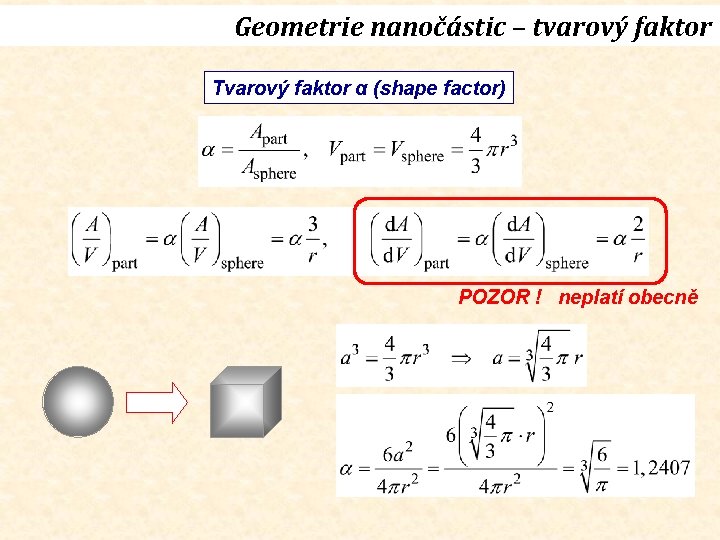 Geometrie nanočástic – tvarový faktor Tvarový faktor α (shape factor) POZOR ! neplatí obecně