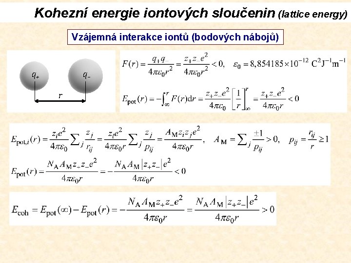 Kohezní energie iontových sloučenin (lattice energy) Vzájemná interakce iontů (bodových nábojů) q+ q r