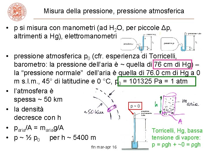 Misura della pressione, pressione atmosferica • p si misura con manometri (ad H 2