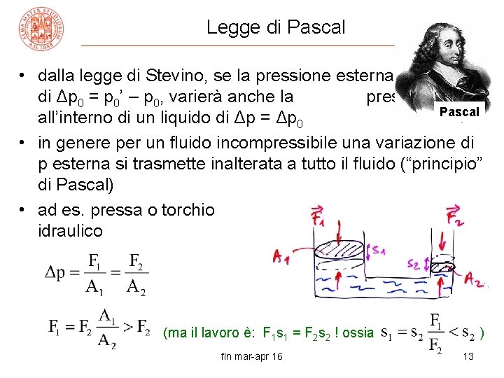 Legge di Pascal • dalla legge di Stevino, se la pressione esterna varia di