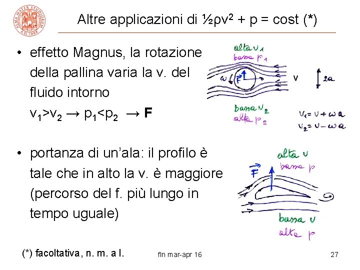 Altre applicazioni di ½ρv 2 + p = cost (*) • effetto Magnus, la