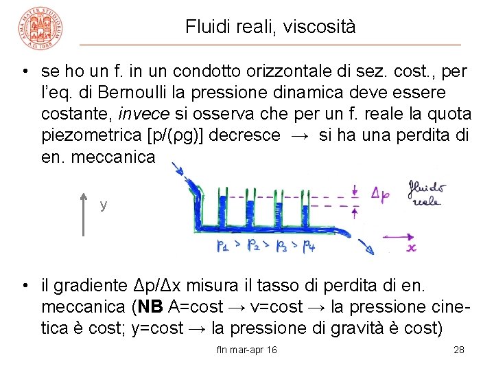 Fluidi reali, viscosità • se ho un f. in un condotto orizzontale di sez.