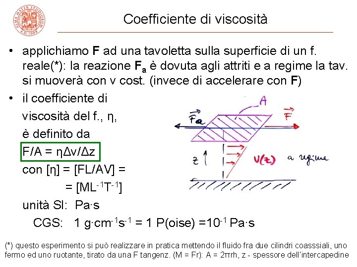 Coefficiente di viscosità • applichiamo F ad una tavoletta sulla superficie di un f.