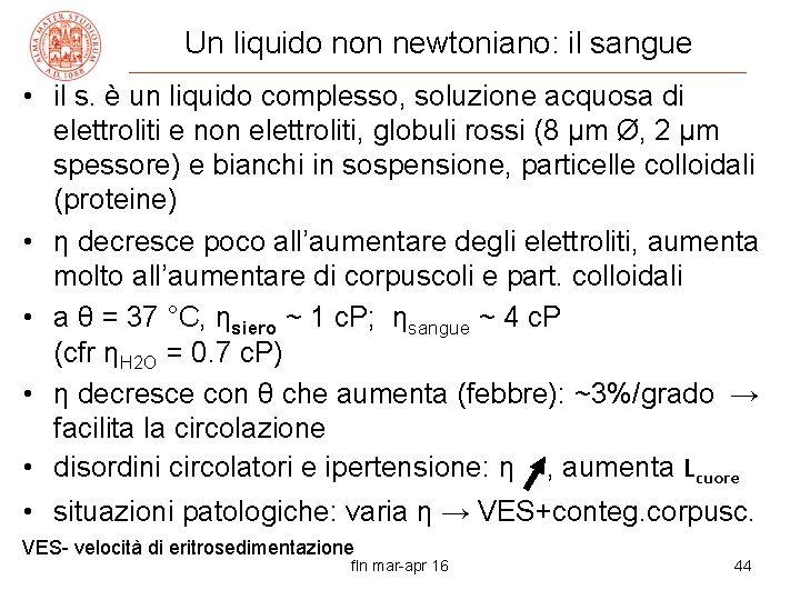 Un liquido non newtoniano: il sangue • il s. è un liquido complesso, soluzione