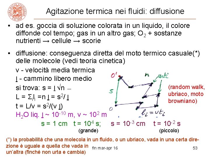 Agitazione termica nei fluidi: diffusione • ad es. goccia di soluzione colorata in un