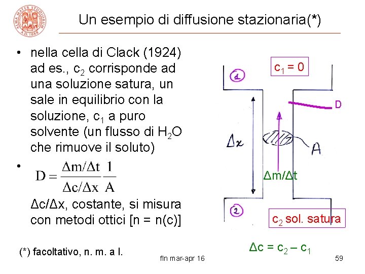 Un esempio di diffusione stazionaria(*) • nella cella di Clack (1924) ad es. ,