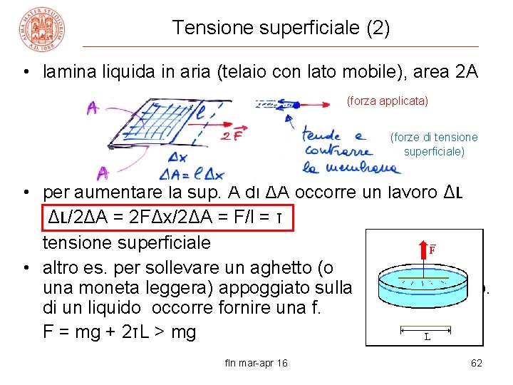 Tensione superficiale (2) • lamina liquida in aria (telaio con lato mobile), area 2