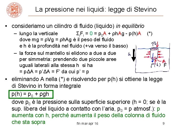 La pressione nei liquidi: legge di Stevino • consideriamo un cilindro di fluido (liquido)