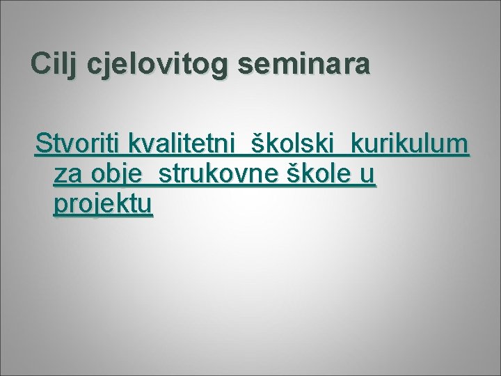 Cilj cjelovitog seminara Stvoriti kvalitetni školski kurikulum za obje strukovne škole u projektu 