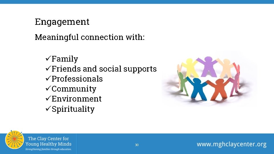 Engagement Meaningful connection with: üFamily üFriends and social supports üProfessionals üCommunity üEnvironment üSpirituality 30 Engagement Meaningful connection with: üFamily üFriends and social supports üProfessionals üCommunity üEnvironment üSpirituality 30