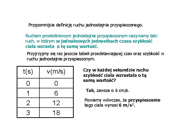 Przypomnijcie definicję ruchu jednostajnie przyspieszonego. Ruchem prostoliniowym jednostajnie przyspieszonym nazywamy taki ruch, w którym