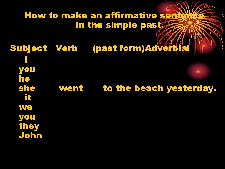How to make an affirmative sentence in the simple past. Subject Verb I you