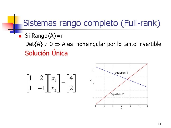 Sistemas rango completo (Full-rank) n Si Rango{A}=n Det{A} 0 A es nonsingular por lo