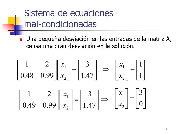 Sistema de ecuaciones mal-condicionadas n Una pequeña desviación en las entradas de la matriz