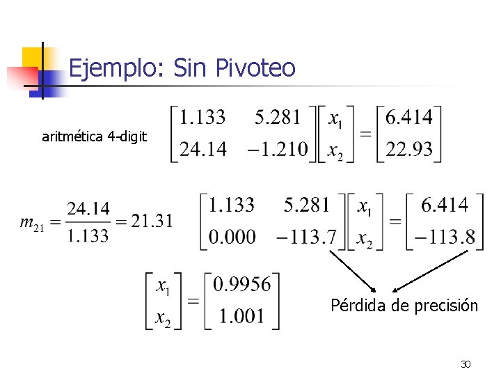 Ejemplo: Sin Pivoteo aritmética 4 -digit Pérdida de precisión 30 
