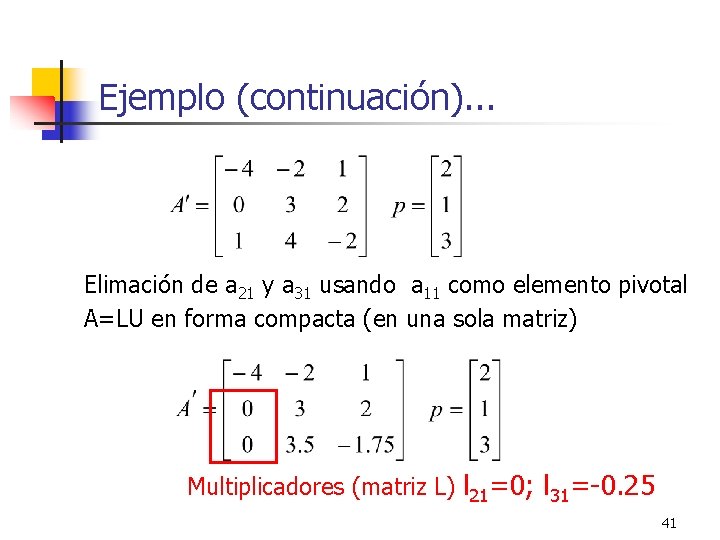 Ejemplo (continuación). . . Elimación de a 21 y a 31 usando a 11