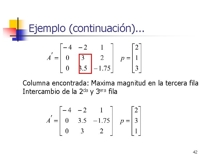 Ejemplo (continuación). . . Columna encontrada: Maxima magnitud en la tercera fila Intercambio de