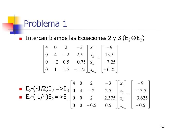 Problema 1 n n n Intercambiamos las Ecuaciones 2 y 3 (E 2 E