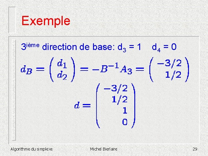 Exemple 3 ième direction de base: d 3 = 1 d 4 = 0