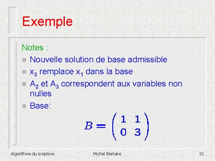 Exemple Notes : n Nouvelle solution de base admissible n x 3 remplace x