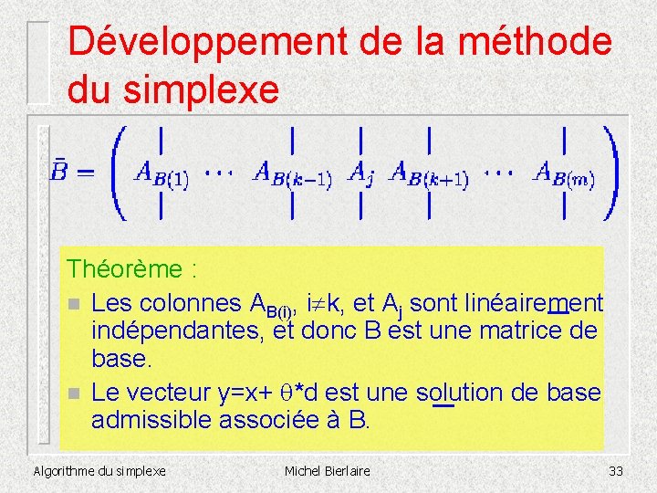 Développement de la méthode du simplexe Théorème : n Les colonnes AB(i), i k,