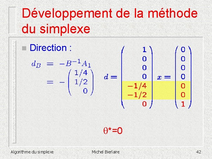 Développement de la méthode du simplexe n Direction : *=0 Algorithme du simplexe Michel