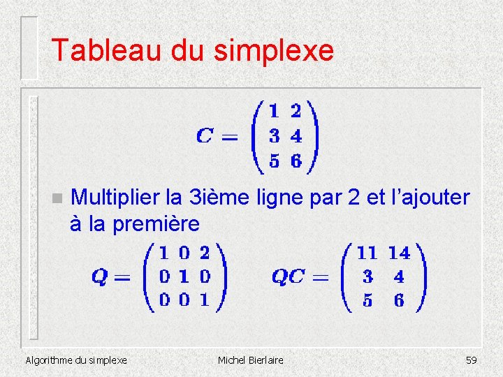 Tableau du simplexe n Multiplier la 3 ième ligne par 2 et l’ajouter à