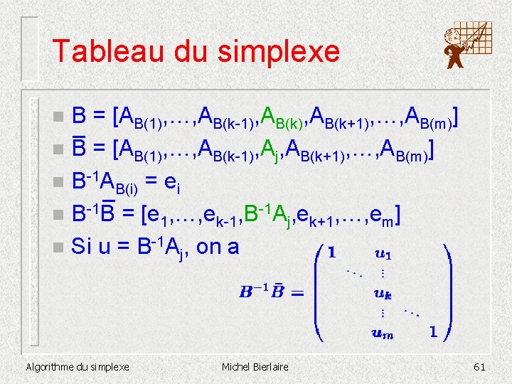 Tableau du simplexe B = [AB(1), …, AB(k-1), AB(k+1), …, AB(m)] n B =