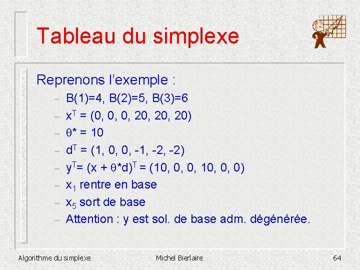 Tableau du simplexe Reprenons l’exemple : – – – – B(1)=4, B(2)=5, B(3)=6 x.