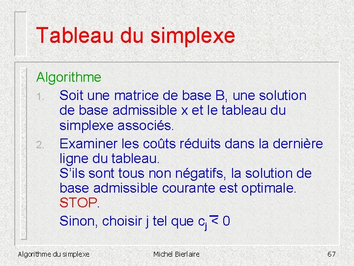 Tableau du simplexe Algorithme 1. Soit une matrice de base B, une solution de